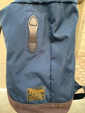 Filson Men’s Blue Waxed Canvas Backpack with Brown Trim 19x10